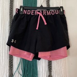 Girls Under Armour pink and black shorts size YLG pink legging shorts